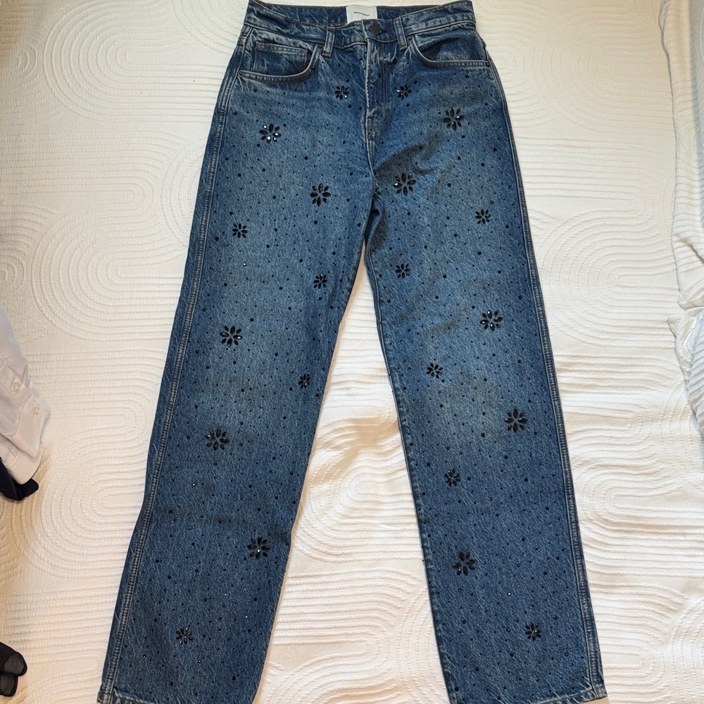 Reformation Blue Straight Leg Jeans with Black Floral Accents